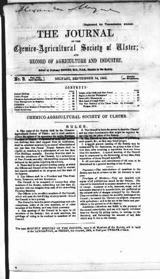 cover page of Journal of the Chemico-Agricultural Society of Ulster published on September 14, 1865