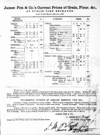 cover page of Current Prices of Grain at Dublin Corn Exchange published on February 22, 1861