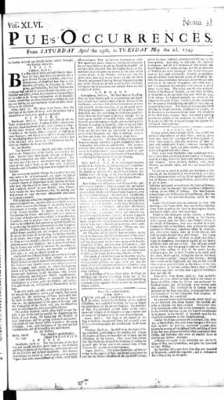 cover page of Pue's Occurrences published on May 2, 1749