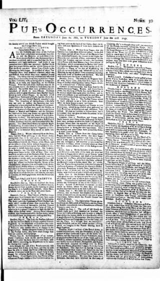 cover page of Pue's Occurrences published on June 18, 1757