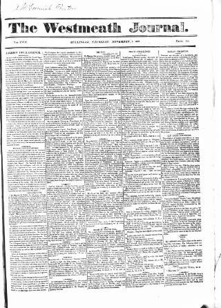 cover page of Westmeath Journal published on November 2, 1826