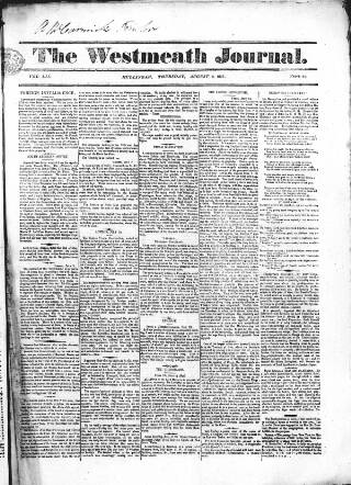 cover page of Westmeath Journal published on August 2, 1827