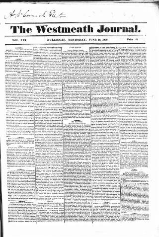 cover page of Westmeath Journal published on June 18, 1829