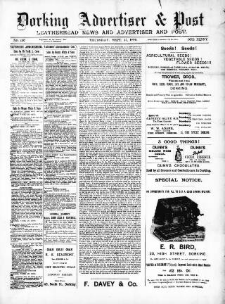 cover page of Dorking and Leatherhead Advertiser published on September 17, 1896