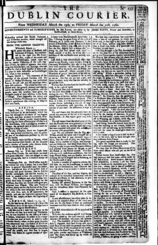 cover page of Dublin Courier published on March 19, 1760