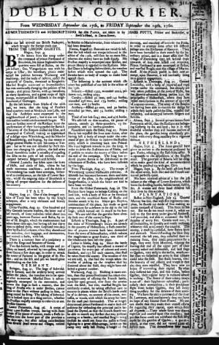 cover page of Dublin Courier published on September 17, 1760