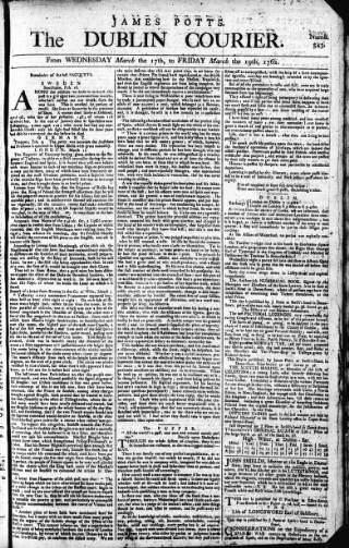 cover page of Dublin Courier published on March 19, 1762