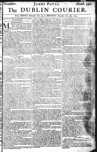 cover page of Dublin Courier published on November 2, 1764