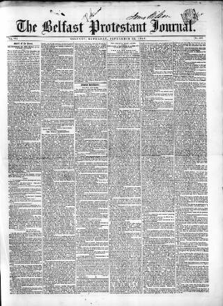 cover page of Belfast Protestant Journal published on September 15, 1849