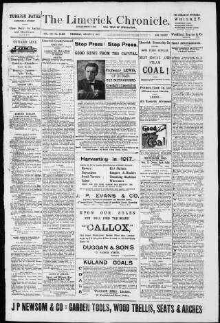 cover page of Limerick Chronicle published on August 2, 1917