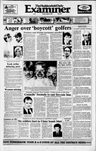 cover page of Huddersfield Daily Examiner published on August 2, 1988