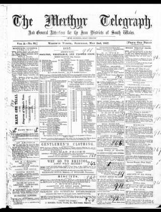 cover page of Merthyr Telegraph, and General Advertiser for the Iron Districts of South Wales published on May 2, 1857