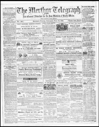 cover page of Merthyr Telegraph, and General Advertiser for the Iron Districts of South Wales published on June 18, 1864