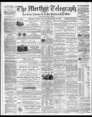 cover page of Merthyr Telegraph, and General Advertiser for the Iron Districts of South Wales published on September 17, 1864