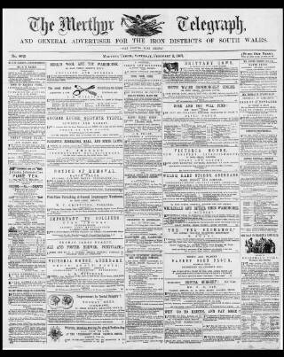 cover page of Merthyr Telegraph, and General Advertiser for the Iron Districts of South Wales published on February 2, 1867
