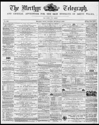 cover page of Merthyr Telegraph, and General Advertiser for the Iron Districts of South Wales published on November 2, 1867