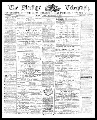 cover page of Merthyr Telegraph, and General Advertiser for the Iron Districts of South Wales published on March 19, 1875