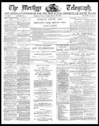cover page of Merthyr Telegraph, and General Advertiser for the Iron Districts of South Wales published on March 19, 1880