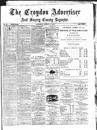 cover page of Croydon Advertiser and East Surrey Reporter published on August 2, 1879