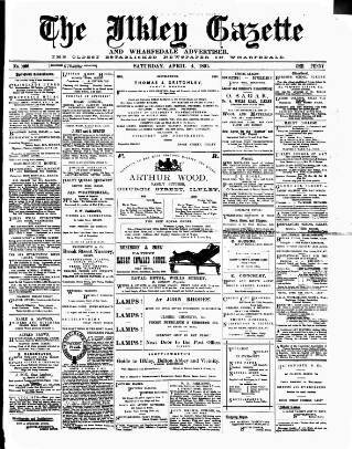 cover page of Ilkley Gazette and Wharfedale Advertiser published on April 4, 1891