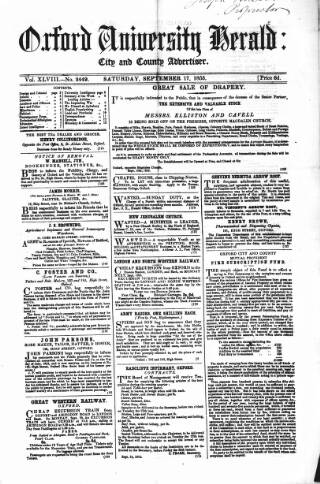 cover page of Oxford University and City Herald published on September 17, 1853