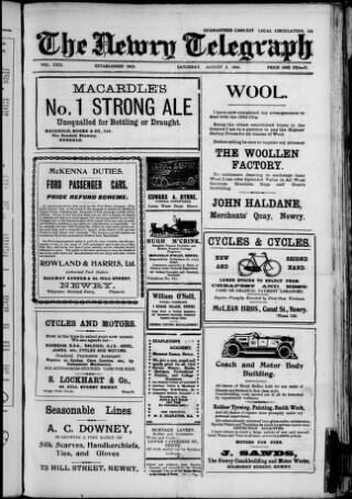 cover page of Newry Telegraph published on August 2, 1924