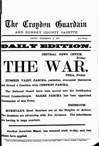 cover page of Croydon Guardian and Surrey County Gazette published on November 2, 1877