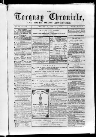 cover page of Torquay Chronicle and South Devon Advertiser published on June 14, 1862