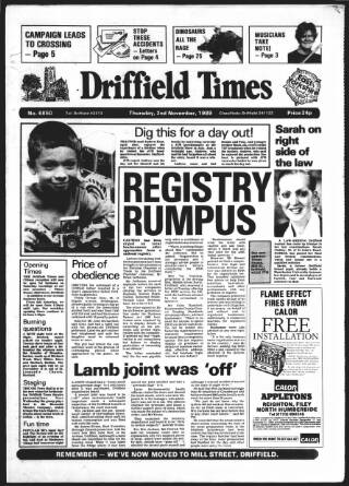 cover page of Driffield Times published on November 2, 1989