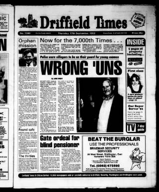 cover page of Driffield Times published on September 17, 1992