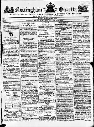 cover page of Nottingham Gazette published on November 4, 1814