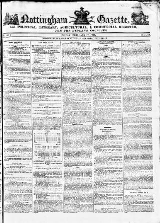 cover page of Nottingham Gazette published on February 17, 1815