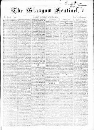 cover page of The Glasgow Sentinel published on August 2, 1862