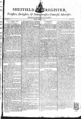 cover page of Sheffield Register published on August 11, 1787