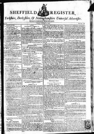 cover page of Sheffield Register published on October 5, 1792