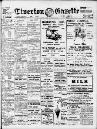cover page of Tiverton Gazette (Mid-Devon Gazette) published on May 2, 1916