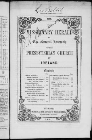 cover page of Missionary Herald of the Presbyterian Church in Ireland published on May 1, 1857