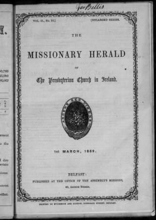 cover page of Missionary Herald of the Presbyterian Church in Ireland published on March 1, 1859