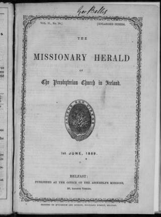 cover page of Missionary Herald of the Presbyterian Church in Ireland published on June 1, 1859