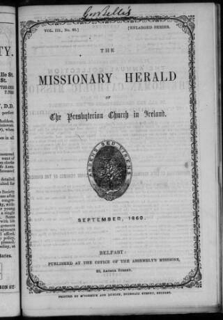 cover page of Missionary Herald of the Presbyterian Church in Ireland published on September 1, 1860