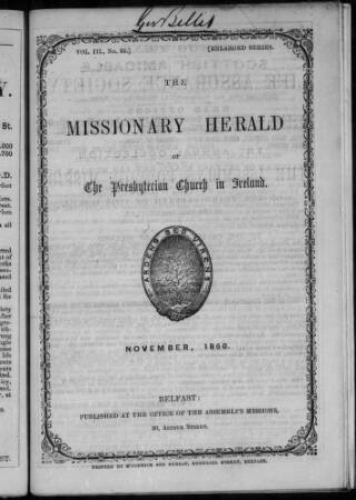 cover page of Missionary Herald of the Presbyterian Church in Ireland published on November 1, 1860