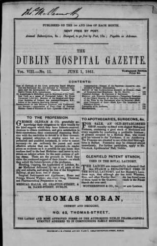 cover page of Dublin Hospital Gazette published on June 1, 1861