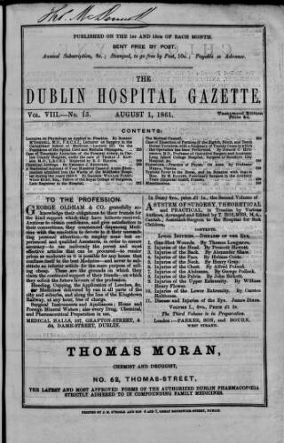 cover page of Dublin Hospital Gazette published on August 1, 1861