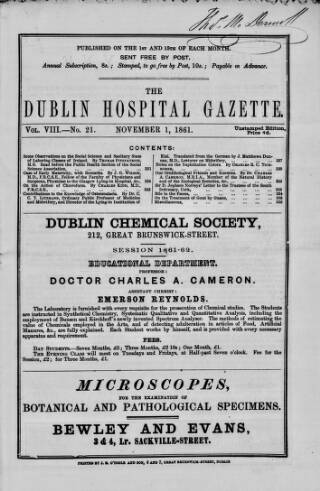 cover page of Dublin Hospital Gazette published on November 1, 1861