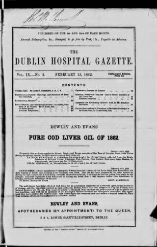 cover page of Dublin Hospital Gazette published on February 15, 1862