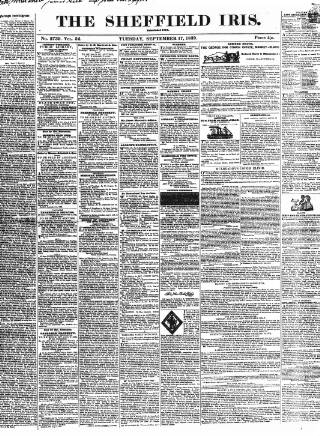 cover page of Sheffield Iris published on September 17, 1839