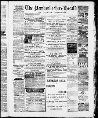 cover page of Pembrokeshire Herald published on February 15, 1889