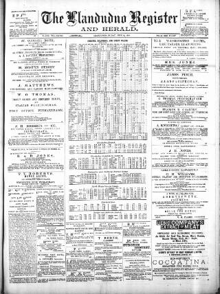 cover page of Llandudno Register and Herald published on June 14, 1889