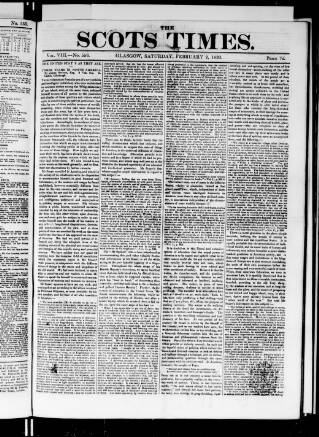 cover page of Scots Times published on February 2, 1833