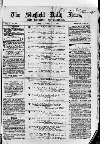 cover page of Sheffield Daily News published on February 2, 1858